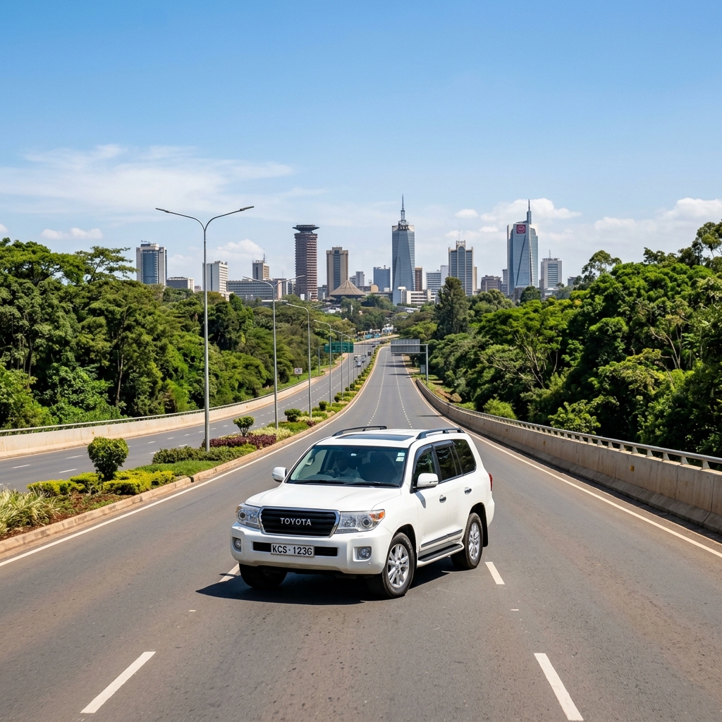 White SUV on a Nairobi road with the city skyline behind it