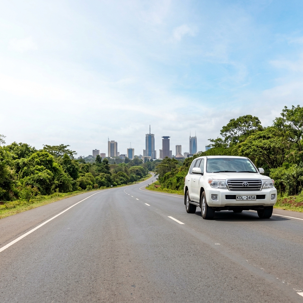 White SUV on a Nairobi road with the city skyline behind it