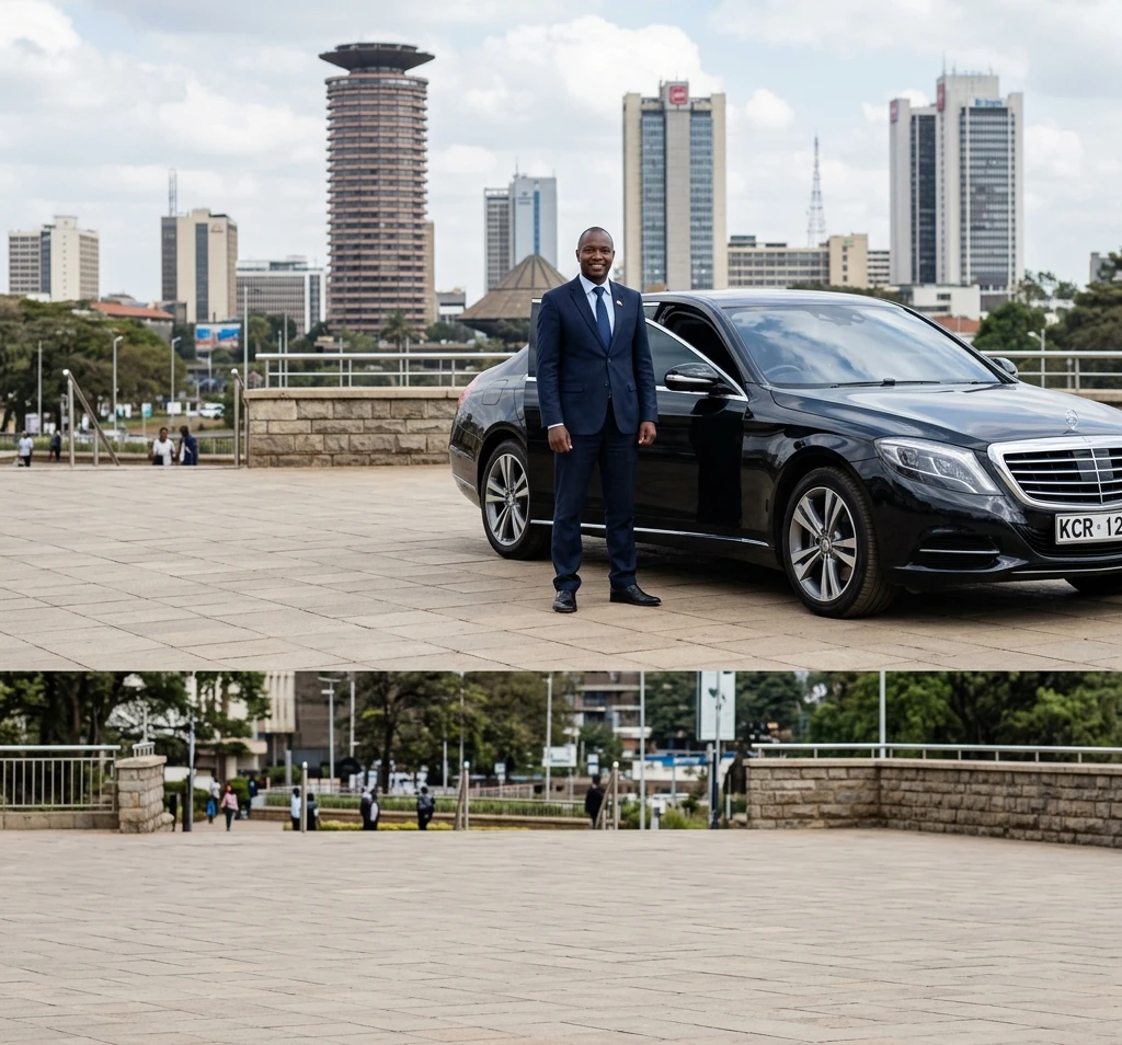 Professional African chauffeur in a suit by a black executive vehicle