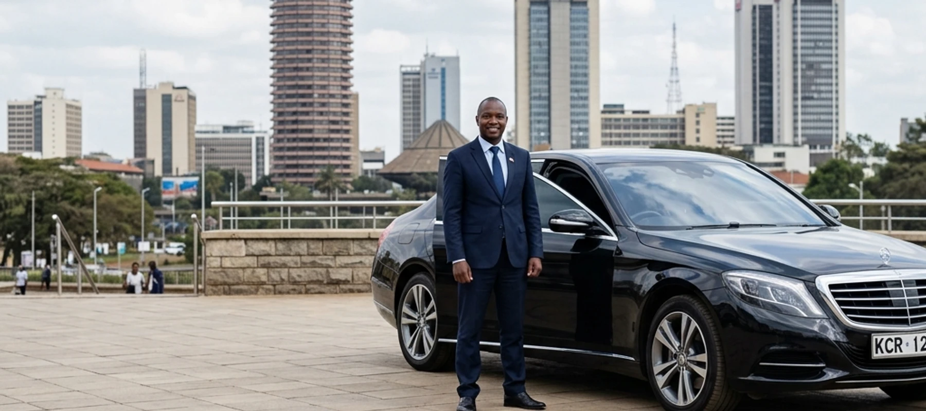 Professional African chauffeur in a suit by a black executive vehicle